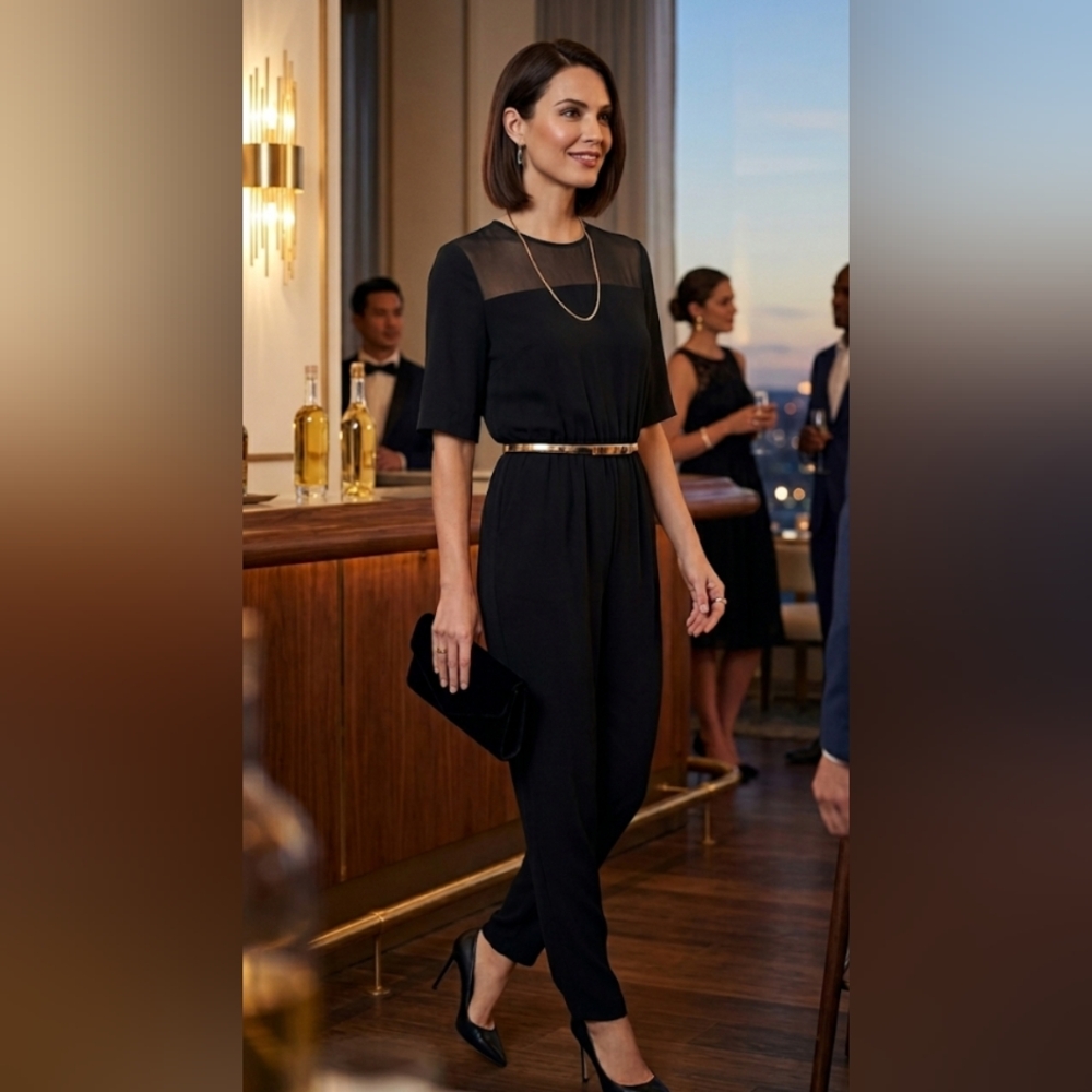DKNY Black Jumpsuit with Sheer Yoke and Gold Belt Detail
